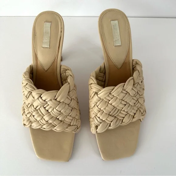 H&M Premium Beige Woven Leather Square Toe Mules Heels 41 - Picture 2 of 11